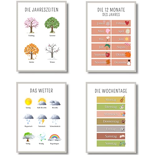 EQUIK PRODUCTS Lernposter | Kinderzimmer Deko | Für Kinder im Kindergarten, Grundschule | Montessori | 4er Poster Set | Für Mädchen und Jungen (Monate, Wochentage, Jahreszeiten, Wetter, A3) von EQUIK PRODUCTS