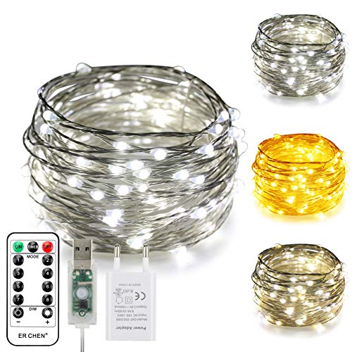 ErChen USB-Zweifarbige LED-Lichterketten, 33FT 100 Leds Farbwechsel Dimmbar 8 Modi Silber Kupferdraht-Lichterkette mit Fernauslöser für Indoor Outdoor Weihnachten (warmweiß, weiß) von ER CHEN