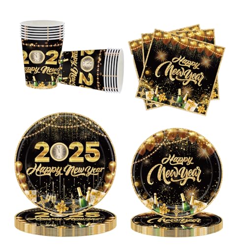 100 Stück 2025 Silvester Partygeschirr Set,2025 Happy New Year Partygeschirr Schwarz Gold Neujahr Dekoration Pappteller Servietten Tassen Papiergeschirr von ERAOLIAE