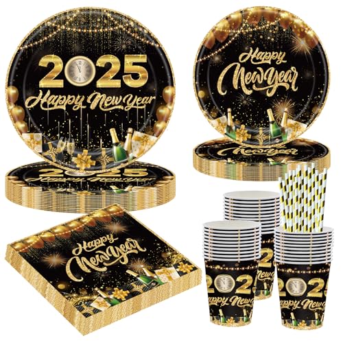 100 Stück 2025 Silvester Partygeschirr Set,2025 Happy New Year Partygeschirr Schwarz Gold Neujahr Dekoration Pappteller Servietten Tassen Papiergeschirr von ERAOLIAE