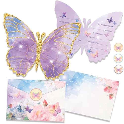12 Schmetterling Einladungskarten,Kindergeburtstag Einladung,Schmetterlingen Kinder Party Einladungskarten zum Geburtstag mit 12 Umschlag,12 Runder Aufkleber für Jungs und Mädchen (Schmetterling) von ERAOLIAE