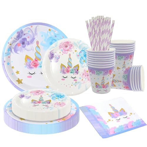 84 Stück Einhorn Partygeschirr Set,16 Gäste Einhorn Teller Geburtstag Papiergeschirr,Einhorn Kindergeburtstag Party Supplies Pappteller von ERAOLIAE