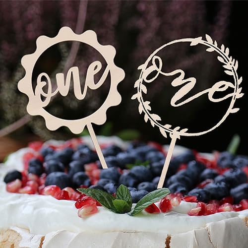 ERBO Cake Topper 1. geburtstag, 2 Stück Holz Cake Topper One, Tortendeko 1. Geburtstag Mädchen Junge, Cake Topper Geburtstag für Babyparty One Kindergeburtstag, 1 Jahr Geburtstag Party Deko Geschenk von ERBO