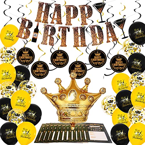 Geburtstag Dekoration Schwarz Gold Set, Geburtstagsdeko mit Happy Birthday Banner luftballon Tischkarten Ballon Buchstaben PomPoms für Papa Mama Männer frau 18 21 30 40 50 60 70 80 90 Bday Party Deko von ERBO