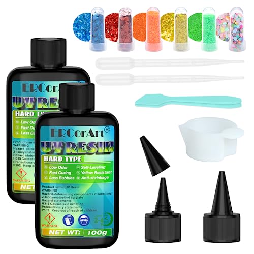 UV Resin, ERCorArt UV Harz mit 6 Farben Glitter und ZubehöR füR Schmuckherstellung, Ohrringe, AnhäNger, Armband, Halskette, Keine Blasenbildung Schnelle AushäRtung Kein Vergilben, 200 g UV Kleber von ERCorArt