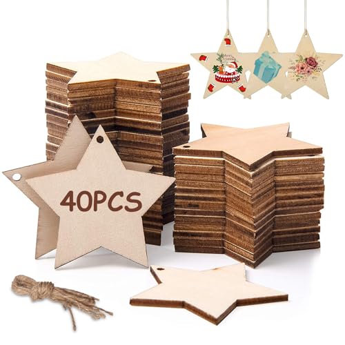 40 Stück Holzanhänger Stern, mit Juteseil, Holz Stern Weihnachtsbaum Deko zum Aufhängen, Holz Stern Verzierungen zum DIY Basteln Bemalen, für Hochzeitsdekoration Weihnachtsdekoration Geschenk Hängen von ERFGT