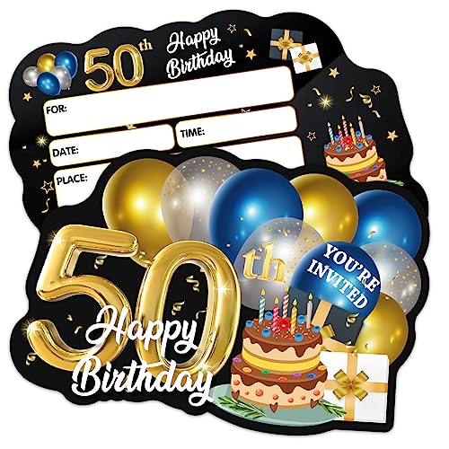 ERHACHAIJIA 20 Stück blaue und goldene Luftballons und Kuchenförmige Einladungskarten mit Umschlägen, lustige Einladungen zum 50. Geburtstag, Party, 50. Geburtstag, Ehemann, Vater weiter von ERHACHAIJIA