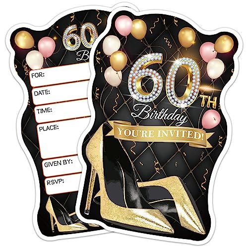 ERHACHAIJIA 20 Stück rosa Luftballons & schwarz-goldene High Heels geformte Einladungskarten mit Umschlägen, lustige 60. Geburtstagsparty, Mutter, Erwachsene von ERHACHAIJIA