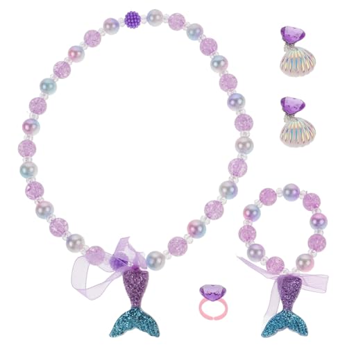 ERINGOGO 1 Set Kinder-Schmuckspielzeug Zum Thema Meerjungfrau: Perlenhalsketten-Armband-Ohrring-Set Für Mädchen Von 4–6 Jahren Meerjungfrau-Kostümzubehör 6 Stück/Exquisite Verpackung von ERINGOGO