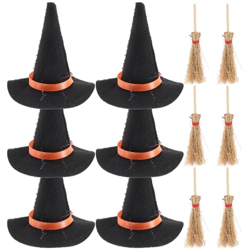 ERINGOGO 12 Mini-Hexenhüte Und Mini-Besen Halloween-Dekorationen Zaubererhüte Weinflaschendeckel Aufsätze Für Halloween Geburtstag Hochzeit Party Diy-Bastelzubehör von ERINGOGO