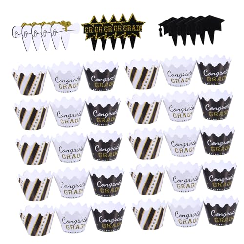 ERINGOGO 24 Stück Abschlusstorte umgeben Lametta Abschluss -Cupcake -Dekorationen Abschlussfeier Kuchendekoration Abschlussfeier Cupcake Dekoration Kuchen Picks Kuchendekorationen Papier von ERINGOGO