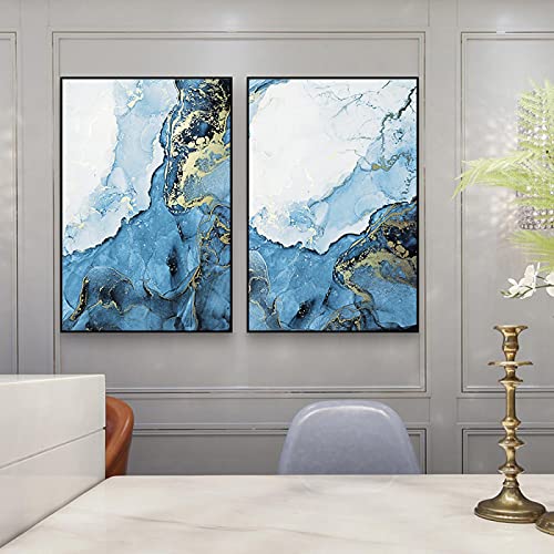 Gold und Blaue Welle Abstrakte Leinwand Malerei, Modern für Wohnzimmer Wandkunst Dekor Bilder 50x75cmx2 Rahmenlos von ERJIE