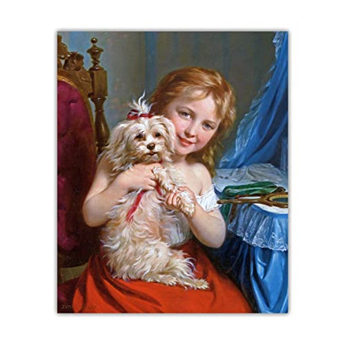 Leinwand Kunst Gemälde Fritz Zuber-Buhler "Ein junges Mädchen mit einem Bichon Frise" auf Leinwanddruck. Wanddekoration auf Leinwand-Bild Ölgemälde auf Leinwand 60x72cm Ohne Rahmen von ERJIE