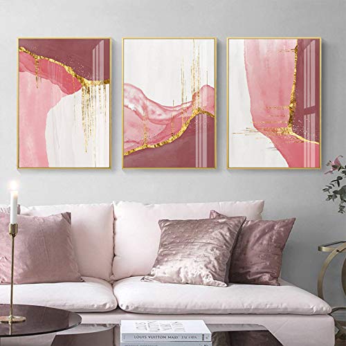 Moderne Wohnzimmer Wohnkultur Bilder, Abstrakte Rosa Weiß Goldene Leinwand Malerei, Nordischen Stil Wandkunstdrucke Poster 30x40cmx3 Rahmenlos von ERJIE