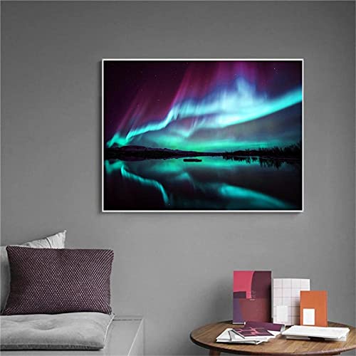 Nordic Night Scene Aurora Lake Kunst Leinwand Druckgrafik, Moderne Wohnzimmer Home Wanddekoration Malerei 40x60cm Rahmenlos von ERJIE