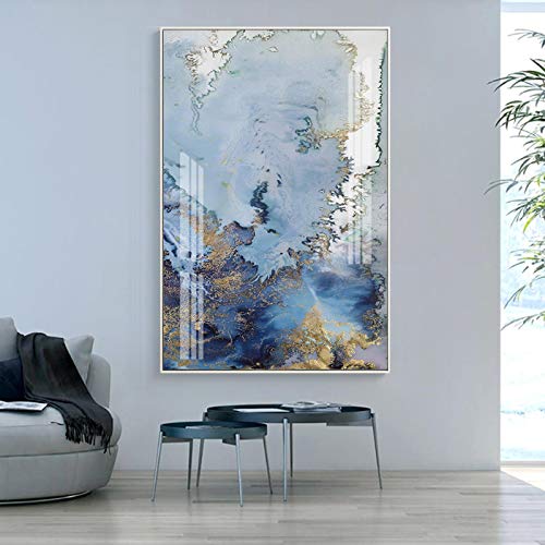 Wandkunst Wohnzimmer Esszimmer Wohnkultur Bilder, Abstrakt Blau Gold Poster Leinwand Malerei 30x60cm Rahmenlos von ERJIE