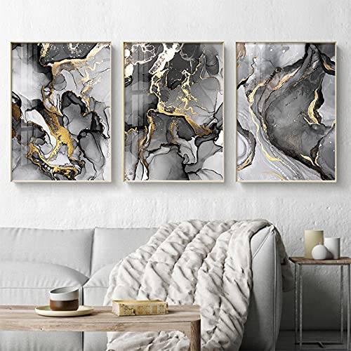 Wandkunstdrucke Wohnzimmer Wohnkultur Bilder,Abstrakte Moderne Leinwand Poster,Nordic Golden Black Wall Art Painting 50x70cmx3 Rahmenlos von ERJIE