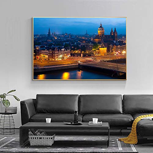 Wandkunstdrucke für Wohnkultur Bilder Stadt Nachtansicht Poster Niederlande Landschaft Leinwand Malerei 30x45cm Rahmenlos von ERJIE