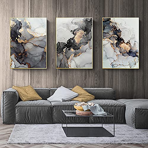 Wandkunstdrucke für Wohnzimmer Hoom Decor Bilder,Moderne Abstrakte Gold Schwarz Poster Leinwand Malerei 40x60cmx3 Rahmenlos von ERJIE