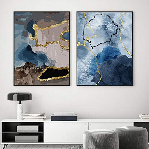 Wandkunstdrucke für Wohnzimmer Interieur Wohnkultur Bilder,Moderne Trendy Abstrakte Blau Gold Poster Leinwand Malerei 30x40cmx2 Rahmenlos von ERJIE