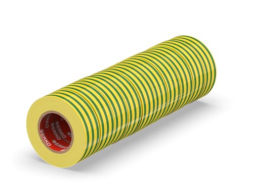 ERKO Isolierband Gelb-Grün 10er Pack 15mm x 10m PVC Elektrische Leitungen Reparatur, Hochflexibel mit starker Klebekraft, Chemiebeständig, Wasserfest, Klebeband von ERKO