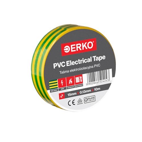 ERKO Isolierband Gelbgrün PVC 15mm x 10m Elektrische Leitungen Reparatur, Hochflexibel mit starker Klebekraft, Chemiebeständig, Polyvinyl Chlorid, Klebeband Universal von ERKO