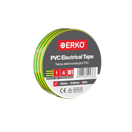 ERKO Isolierband PVC Gelbgrün 19mm x 20m, Elektrische Leitungen Reparatur, Hochflexibel mit starker Klebekraft, Chemiebeständig, Polyvinyl Chlorid, Klebeband Universal von ERKO