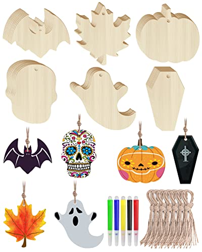 ERKOON 60 Stück Halloween-Holzscheiben, Halloween Basteln DIY Holzspiegel Handwerk Halloween Holz Ornament DIY mit 5 Farbigen Markern, Blanko Geschenkanhänger für Halloween Hängende Dekoration von ERKOON