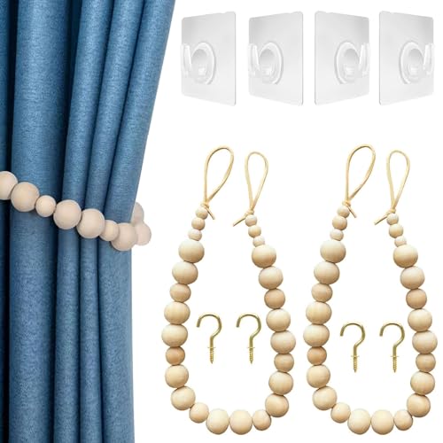 Raffhalter aus Holzperlen, Raffhalter für Vorhänge, Natürliche Holzperlen Vorhang Raffhalter Boho Vorhang 2er Set Holzperlen Vorhangbinder in Naturholzfarbe - Elegante Kordel-Fixierer für Vorhänge von ERNZI