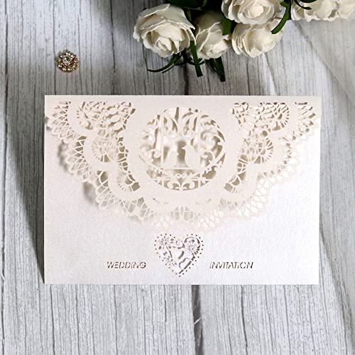 ERVDKXCOI Zarte romantische Hochzeitsparty Einladungskarte D 5x7,3 Zoll 50 Stück weiße mit Laserschnitt und geprägtem Blumenmuster in horizontaler Tasche(Offwhite,Blank) von ERVDKXCOI