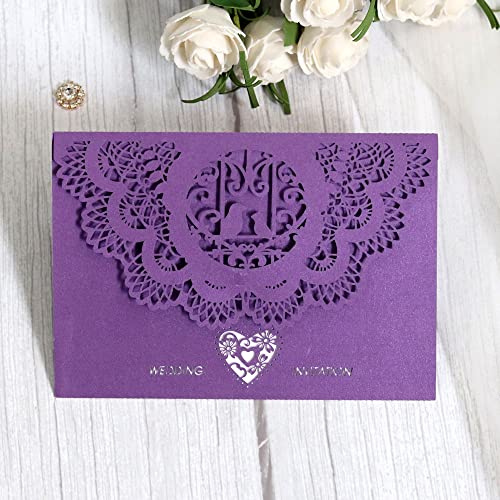 ERVDKXCOI Zarte romantische Hochzeitsparty Einladungskarte D 5x7,3 Zoll 50 Stück weiße mit Laserschnitt und geprägtem Blumenmuster in horizontaler Tasche(Purple,Personalized Printed) von ERVDKXCOI