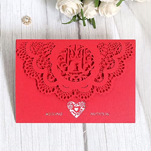 ERVDKXCOI Zarte romantische Hochzeitsparty Einladungskarte D 5x7,3 Zoll 50 Stück weiße mit Laserschnitt und geprägtem Blumenmuster in horizontaler Tasche(Rot,Blank) von ERVDKXCOI