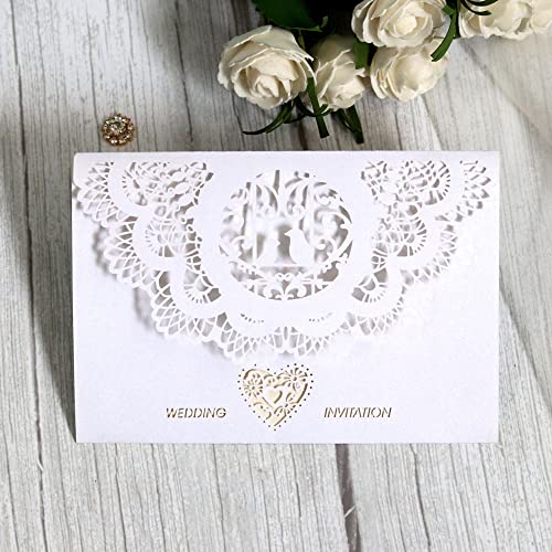 ERVDKXCOI Zarte romantische Hochzeitsparty Einladungskarte D 5x7,3 Zoll 50 Stück weiße mit Laserschnitt und geprägtem Blumenmuster in horizontaler Tasche(White,Blank) von ERVDKXCOI