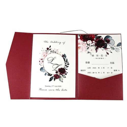 ERVDKXCOI Zarte romantische Hochzeitsparty Einladungskarte D Karte 50 Stück Bedruckte rote, dreifach gefaltete Taschen, Verlobungs- und Heiratskarten Einladung(Dark Red,1Cover 2 Blank sheet) von ERVDKXCOI