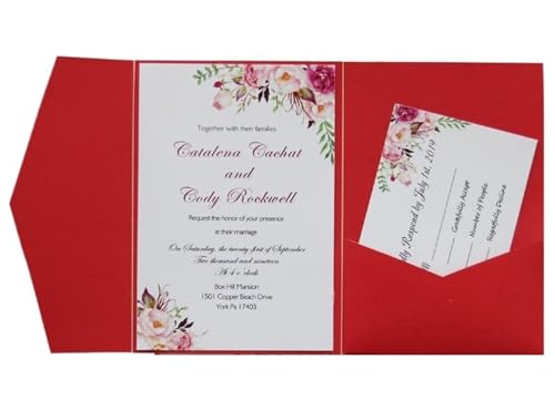 ERVDKXCOI Zarte romantische Hochzeitsparty Einladungskarte D Karte 50 Stück Bedruckte rote, dreifach gefaltete Taschen, Verlobungs- und Heiratskarten Einladung(Rot,1Cover 2 Blank sheet) von ERVDKXCOI