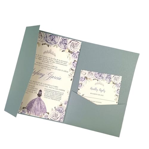 ERVDKXCOI Zarte romantische Hochzeitsparty Einladungskarte D Karte 50 dreifach gefaltete mit Rosen-Laserschnitt, Taschen-Einladungsumschlag Einladung(Dusty Blue,Cover and envelope) von ERVDKXCOI