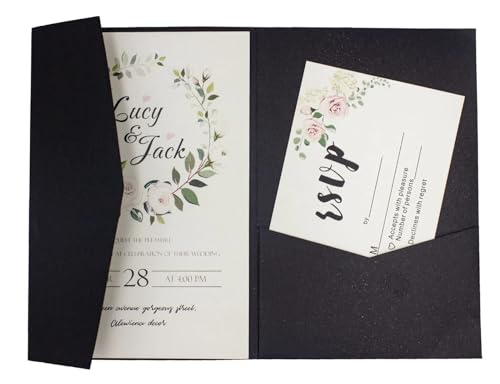 ERVDKXCOI Zarte romantische Hochzeitsparty Einladungskarte D Karte 50 dreifach gefaltete mit Rosen-Laserschnitt, Taschen-Einladungsumschlag Einladung(Pearl Black,Cover and envelope) von ERVDKXCOI