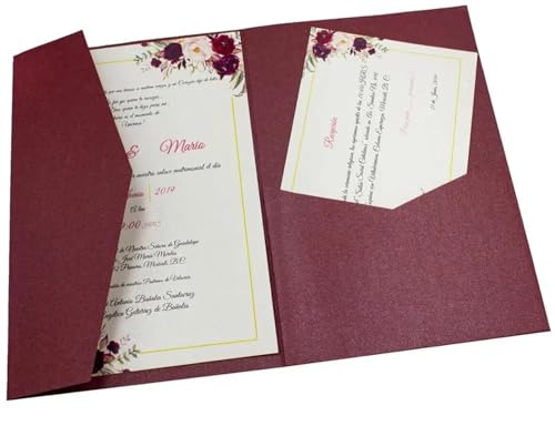 ERVDKXCOI Zarte romantische Hochzeitsparty Einladungskarte D Karte 50 dreifach gefaltete mit Rosen-Laserschnitt, Taschen-Einladungsumschlag Einladung(Pearl Burgundy,Cover and envelope) von ERVDKXCOI