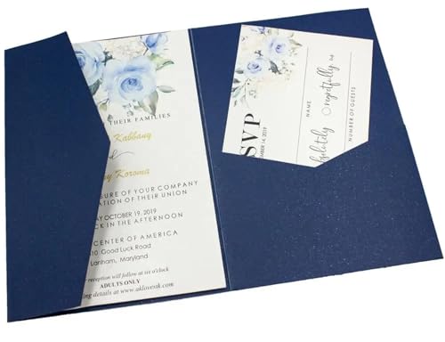 ERVDKXCOI Zarte romantische Hochzeitsparty Einladungskarte D Karte 50 dreifach gefaltete mit Rosen-Laserschnitt, Taschen-Einladungsumschlag Einladung(Pearl Dark Blue,Blank set) von ERVDKXCOI