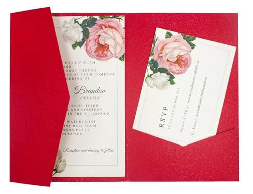 ERVDKXCOI Zarte romantische Hochzeitsparty Einladungskarte D Karte 50 dreifach gefaltete mit Rosen-Laserschnitt, Taschen-Einladungsumschlag Einladung(Pearl Red,Blank set) von ERVDKXCOI