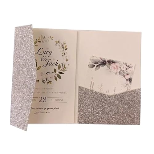 ERVDKXCOI Zarte romantische Hochzeitsparty Einladungskarte D Karte 50 dreifach gefaltete mit Rosen-Laserschnitt, Taschen-Einladungsumschlag Einladung(Silver Glitter,Blank set) von ERVDKXCOI