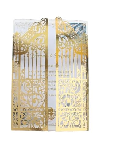 ERVDKXCOI Zarte romantische Hochzeitsparty Einladungskarte D Metallic Gold Gate Laset Cut, 50 Sets, personalisierter Druck, Hochzeits-Promi-Partyeinladungen Diy(Metallc Gold,Custom printing set) von ERVDKXCOI