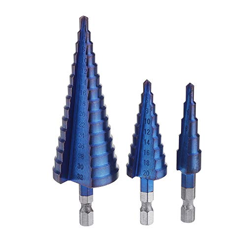 Spiral Step Drill Bit,Metall Kegelbohrer,hss bohre 3-teiliges Stufenbohrer-Set mit 1/4 Zoll Sechskantschaft, blau beschichtet, 4 12/4 20/4 32 mm von ERVDKXCOI