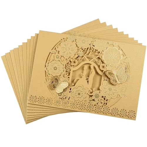 Zarte romantische Hochzeitsparty Einladungskarte D 10 Teile/Paket 3D Schmetterling Hochzeit Einladungskarten Blume Braut Bräutigam Aushöhlen Glänzende Perle Papier Kartenhalter DIY(10pcs Gold Card) von ERVDKXCOI