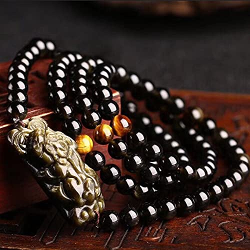 Feng Shui Pixiu Reichtum Armband Obsidian Authentischer Edelstein Gelbes Tigerauge Amulett Viel Glück Kristall Armband Mala Perlen Goldener Glanz Obsidian for Glück Geld Reichtum Wohlstand,6mm ( Size von ESBANT