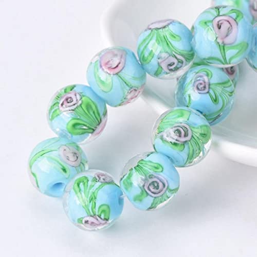 5 Stück rund 12 mm Blumenmuster handgefertigt Murano Glas lose Perlen für die Schmuckherstellung DIY Handwerk Erkenntnisse-Hellblau, 12 mm von ESCATIC