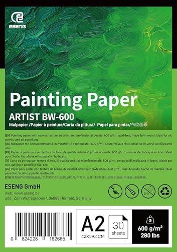 ESENG® Malpapier mit Leinwandstruktur, A2, 600g/m2, 30 Blätter, Künstlerqualität, geeignet für Ölmalerei, Acrylfarben und Ölpastelle von ESENG