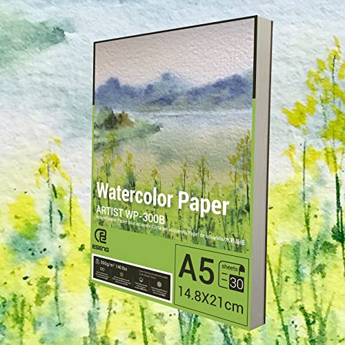 ESENG® Premium Aquarellpapier DIN A5, 100% Baumwolle - 30x Blätte - 300GSM - Weiß, Aquarellblock, Malblock Papier für Aquarell, Zeichnen, Malen von ESENG