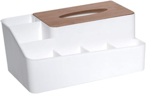 Taschentuchbox-Abdeckung, Taschentuchhalter-Box, Aufbewahrungsbox mit Holzdeckel for Seidenpapier, Make-up-Etui, mehrere Fächer, Telefon-Desktop-Aufbewahrungsbox(White) von ESESE