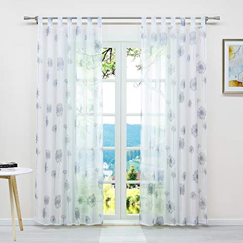 ESLIR Gardinen mit Schlaufen Vorhänge Fensterschal Transparent Schlaufenschal mit Löwenzahn Muster Voile Weiß BxH 140x145cm1 Stück von ESLIR